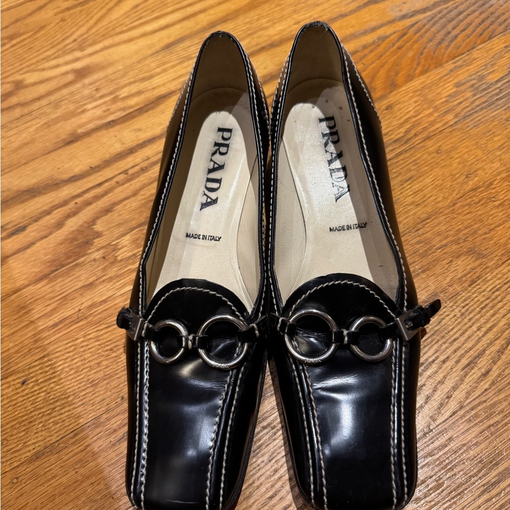 Prada Black Loafers with Square Toe and Decorative Vamp